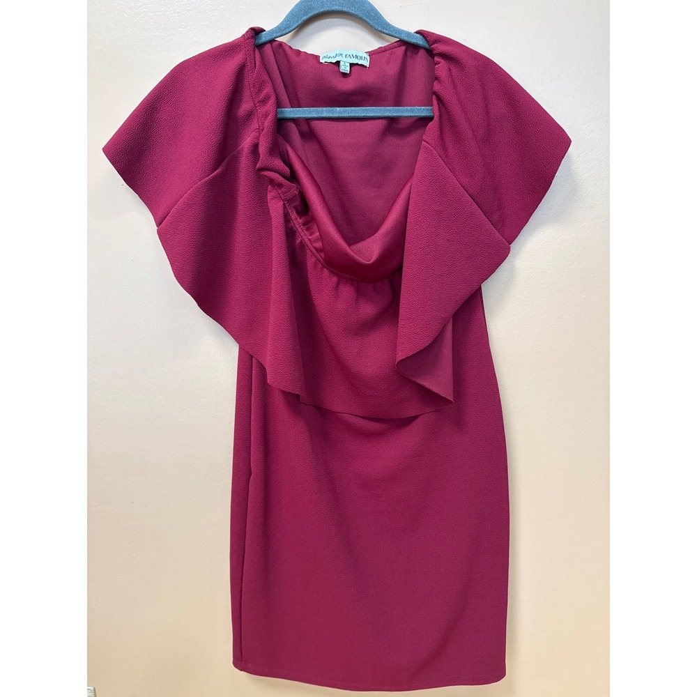 Almost Famous Burgundy Ruffle Cape Cowl Neck Sheath Cocktail Dress Large